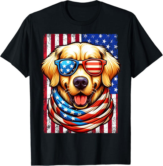 Golden Retriever Dog USA Flag American Patriotic 4th of July T-Shirt