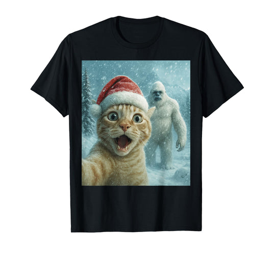 Funny Cat Santa Hat Yeti Christmas Snow Meme Cool Selfie T-Shirt