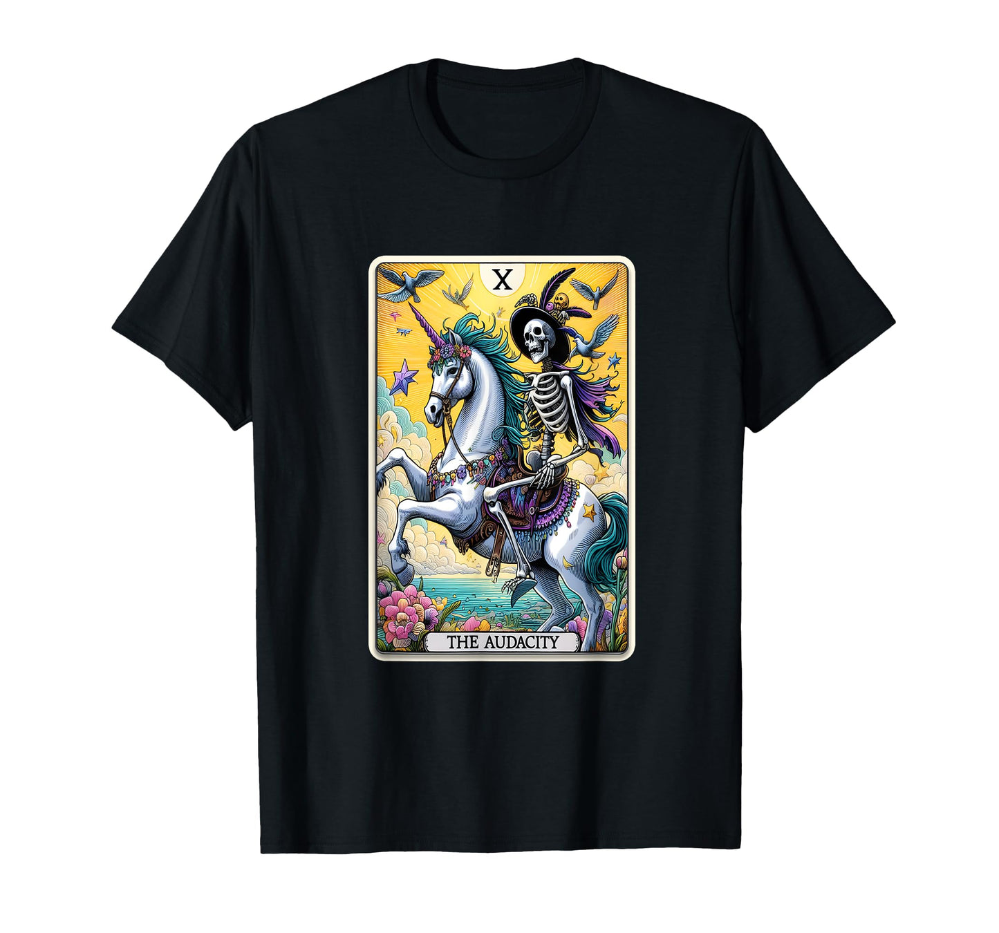 Audacity Tarot Card Sarcastic Skeleton Riding Unicorn T-Shirt