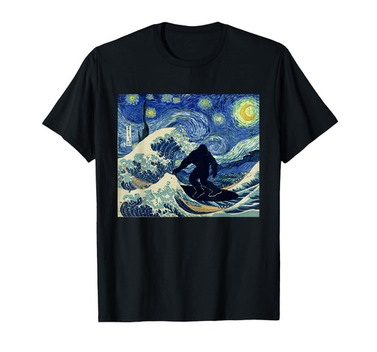 Starry Night bigfoot surfing great wave off Kanagawa T-Shirt