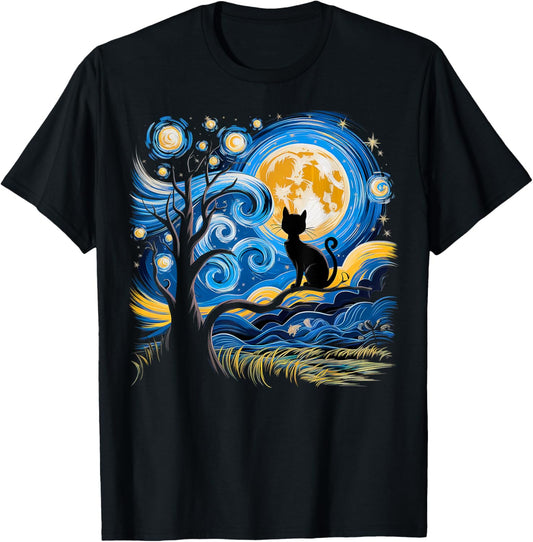 Cat Starry Night Van Gogh Gifts Cat Mom Cat Dad Cat Lover T-Shirt