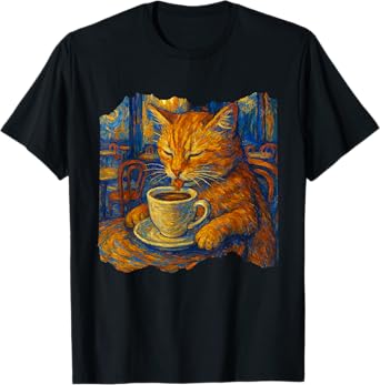 Van Gogh Cat Painting Funny Artistic Cat Coffee Lover T-Shirt for Men Women Kids