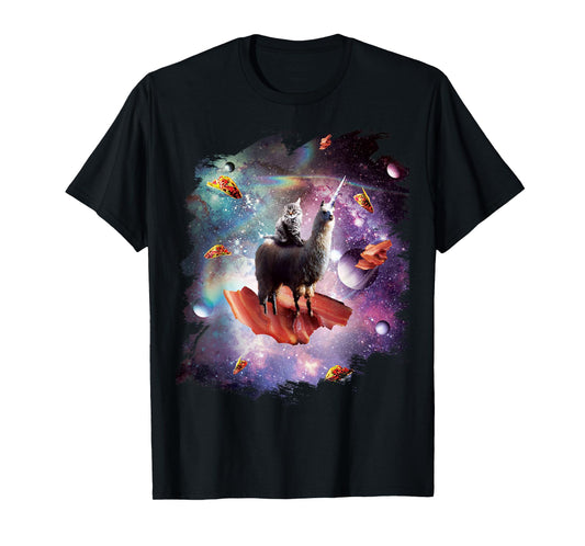 Space Cat Riding Llama Unicorn - Bacon Taco Men Women Girls Kids T-Shirt