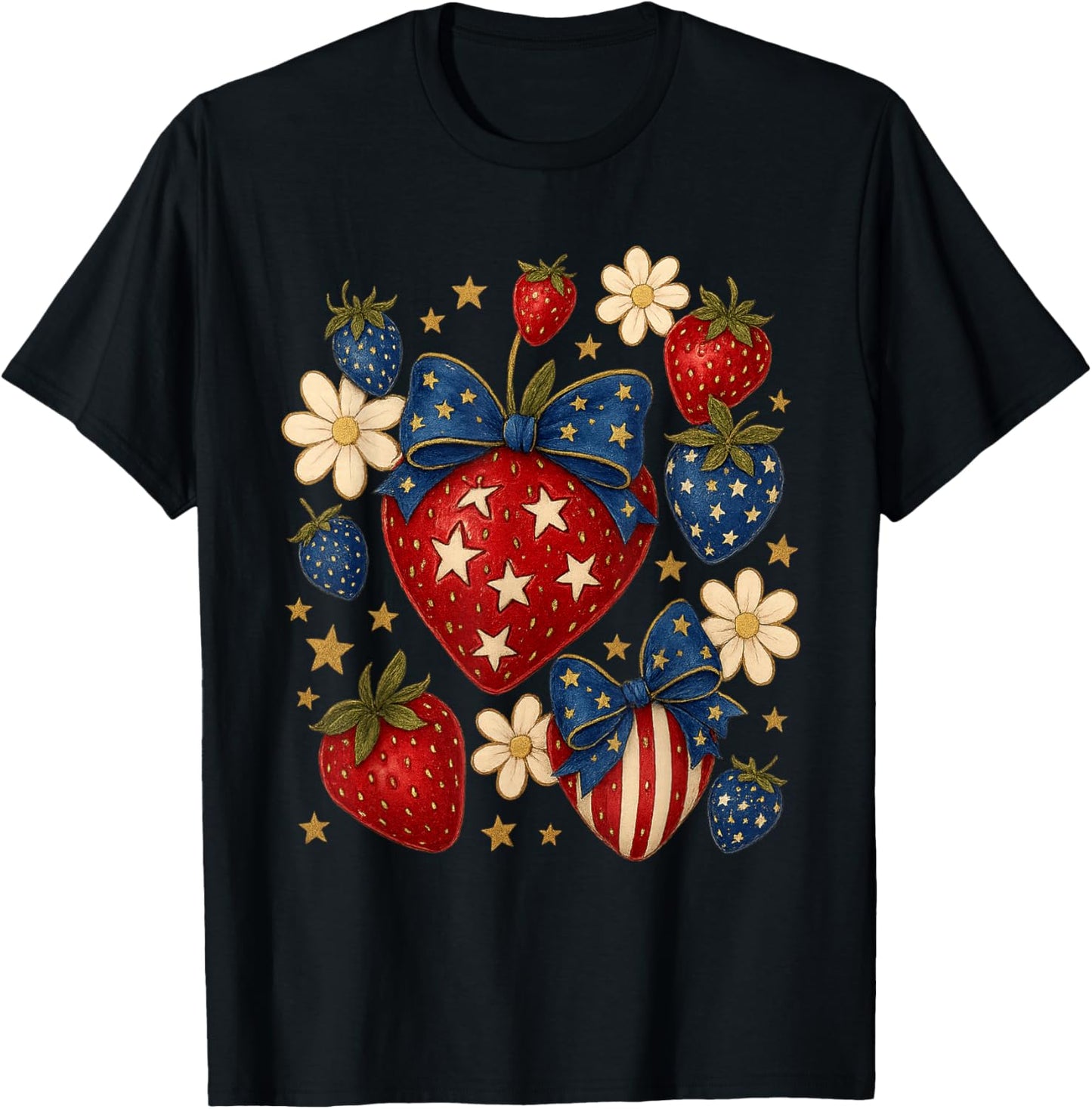 Boho 4th of July Strawberry Cute Coquette Independence Day T-Shirt