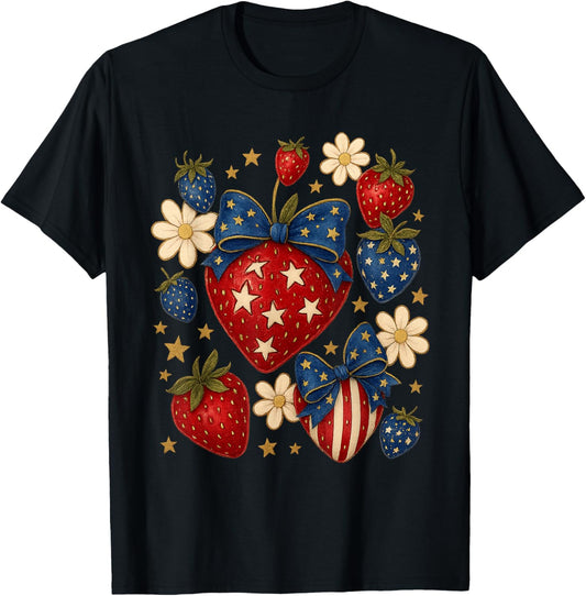 Boho 4th of July Strawberry Cute Coquette Independence Day T-Shirt