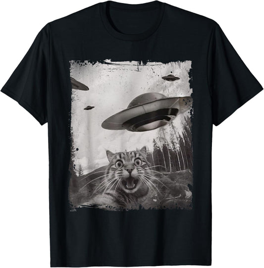 Cat Selfie With Alien UFO Funny Cat Tee For Men Women Kid T-Shirt