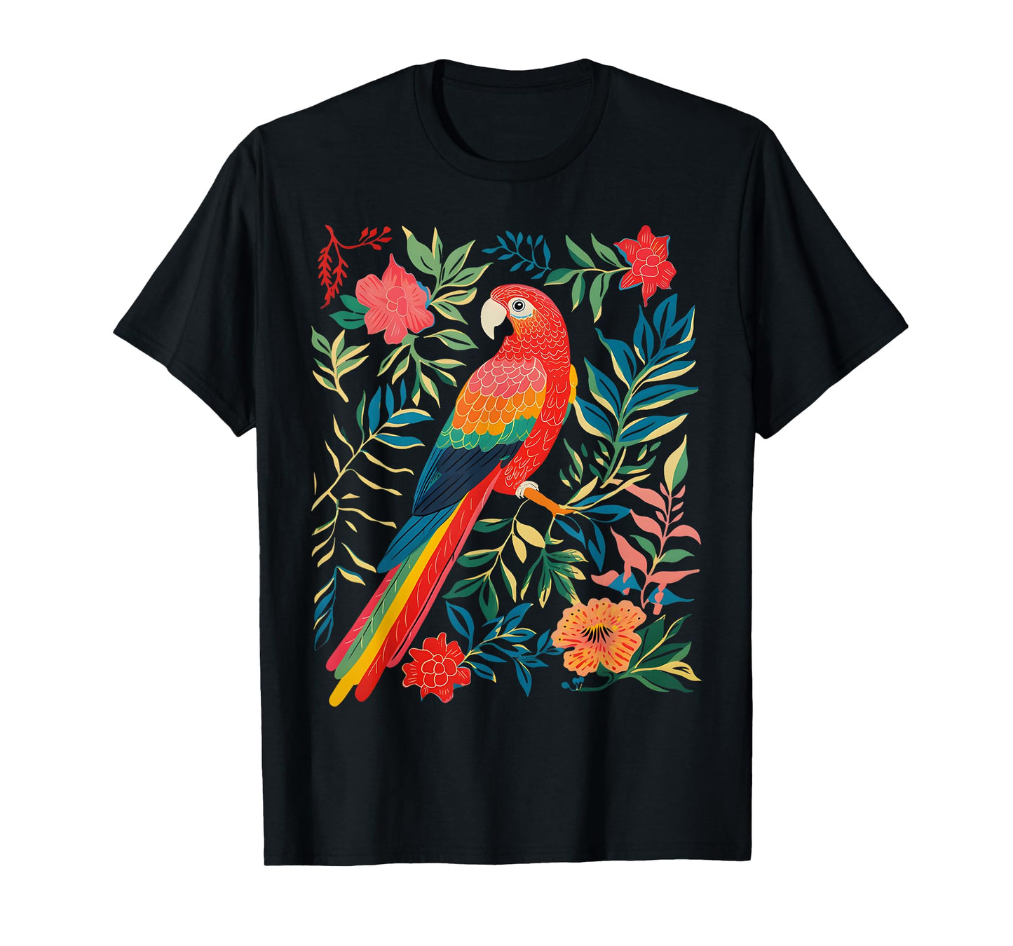 Boho Floral Parrot Scarlet Macaw Birdwatching Bird Lover T-Shirt