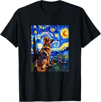 Cute Van Gogh German Shepherd Starry Night Funny Women Men T-Shirt