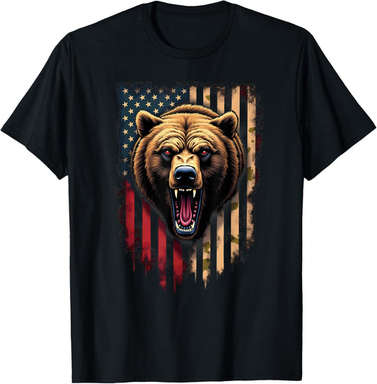 Patriotic American Flag Grizzly Bear T-Shirt