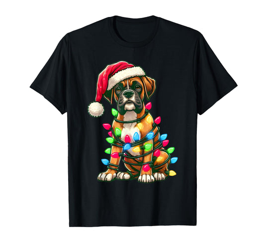 Merry Christmas Boxer Santa Christmas Lights Dog Xmas Tree T-Shirt