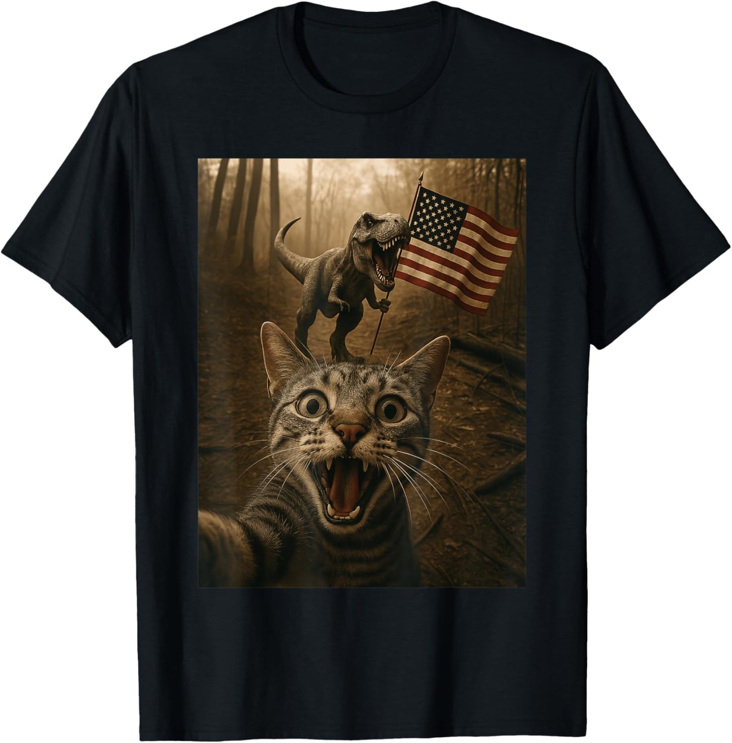 Cat Selfie With Trex Dinosaur USA Flag Patriotic 4th Of July T-Shirt