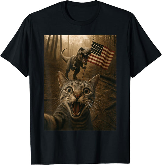 Cat Selfie With Trex Dinosaur USA Flag Patriotic 4th Of July T-Shirt
