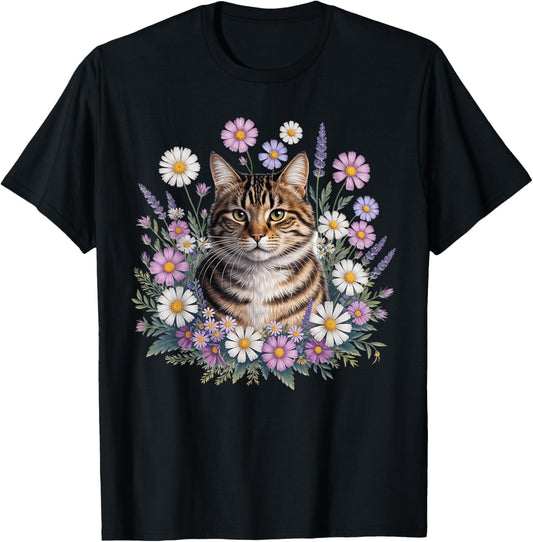 Cat Flowers Floral Cute Kitten Aesthetic Cat Lovers Garden T-Shirt