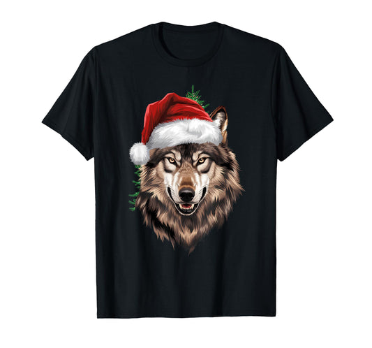 Wolf Christmas Funny Xmas tree Wearing Santa Hat T-Shirt