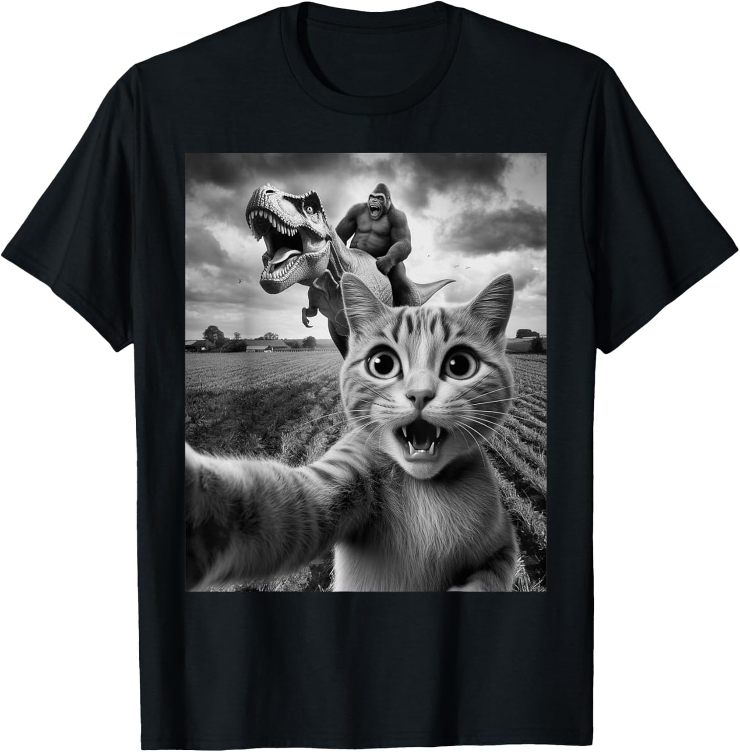 Cat Selfie With Bigfoot Riding T-rex Dinosaur Funny Graphic T-Shirt