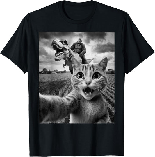Cat Selfie With Bigfoot Riding T-rex Dinosaur Funny Graphic T-Shirt