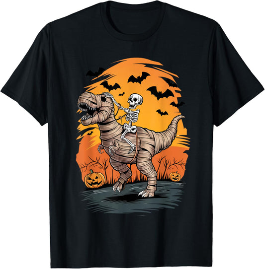 Funny Skeleton Riding Mummy-wrapped T-Rex Dinosaur Halloween T-Shirt