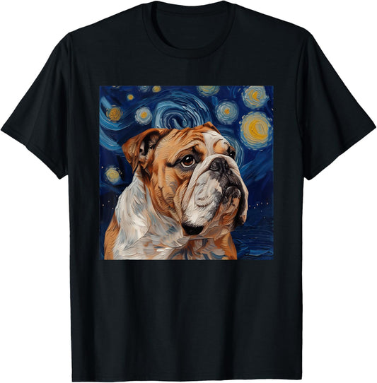 Bulldog Dog Van Gogh Style Starry Night T-Shirt