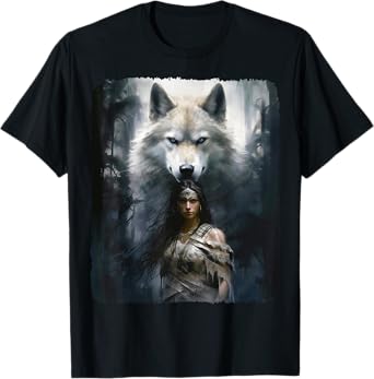 Warrior Woman with a White Wolf Fantasy T-Shirt
