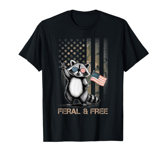 Feral & Free Camo American Flag Patriotic Racoon 4th Of July T-Shirt