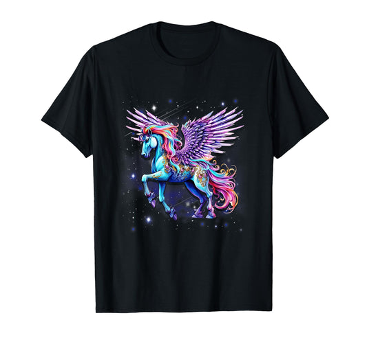 Rainbow Wings Unicorn Pegasus Fantasy Art T-Shirt