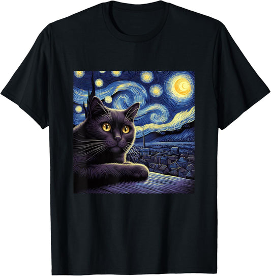 Starry Night Cat Design - Van Gogh Inspired Graphic T-Shirt