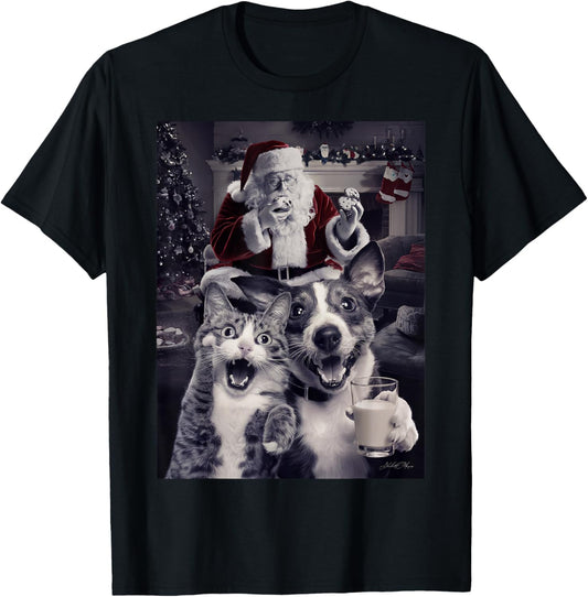 Funny Dog and Cat Selfie With Santa Christmas T-Shirt