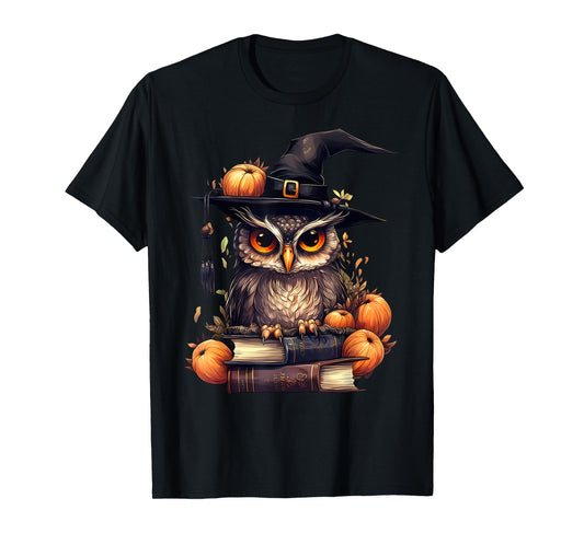 Cottagecore Owl Witch Hat On Book Pumpkin Halloween Costume T-Shirt