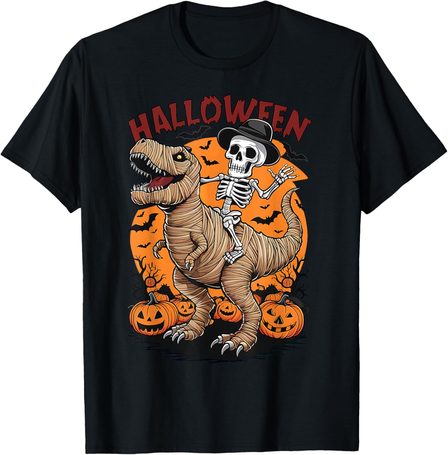 Skeleton Riding Mummy Dinosaur T rex Halloween Funny Pumpkin T-Shirt