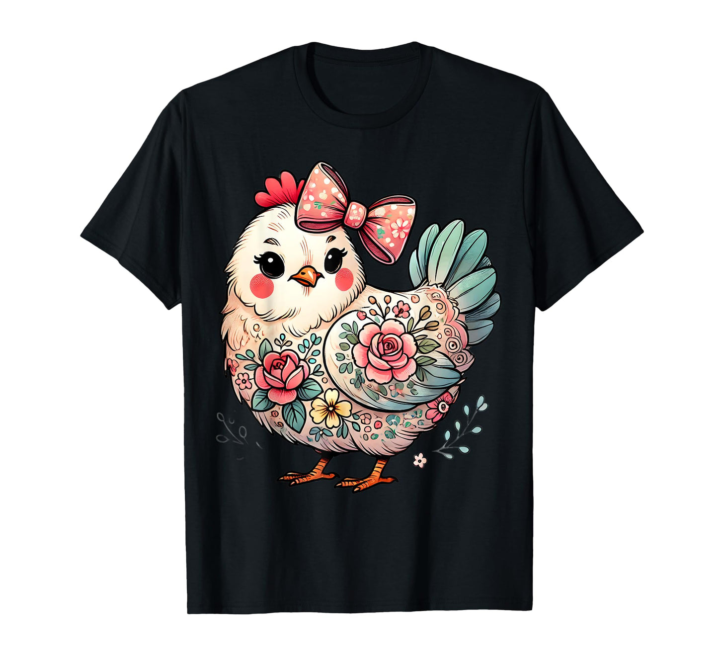 Chicken Lover Girls Women Floral Flower Bow Cute Hen Chicken T-Shirt