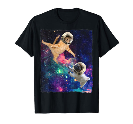 Cute Space Cat vs Space Dog Galaxy Epic Fight In Outer Space T-Shirt