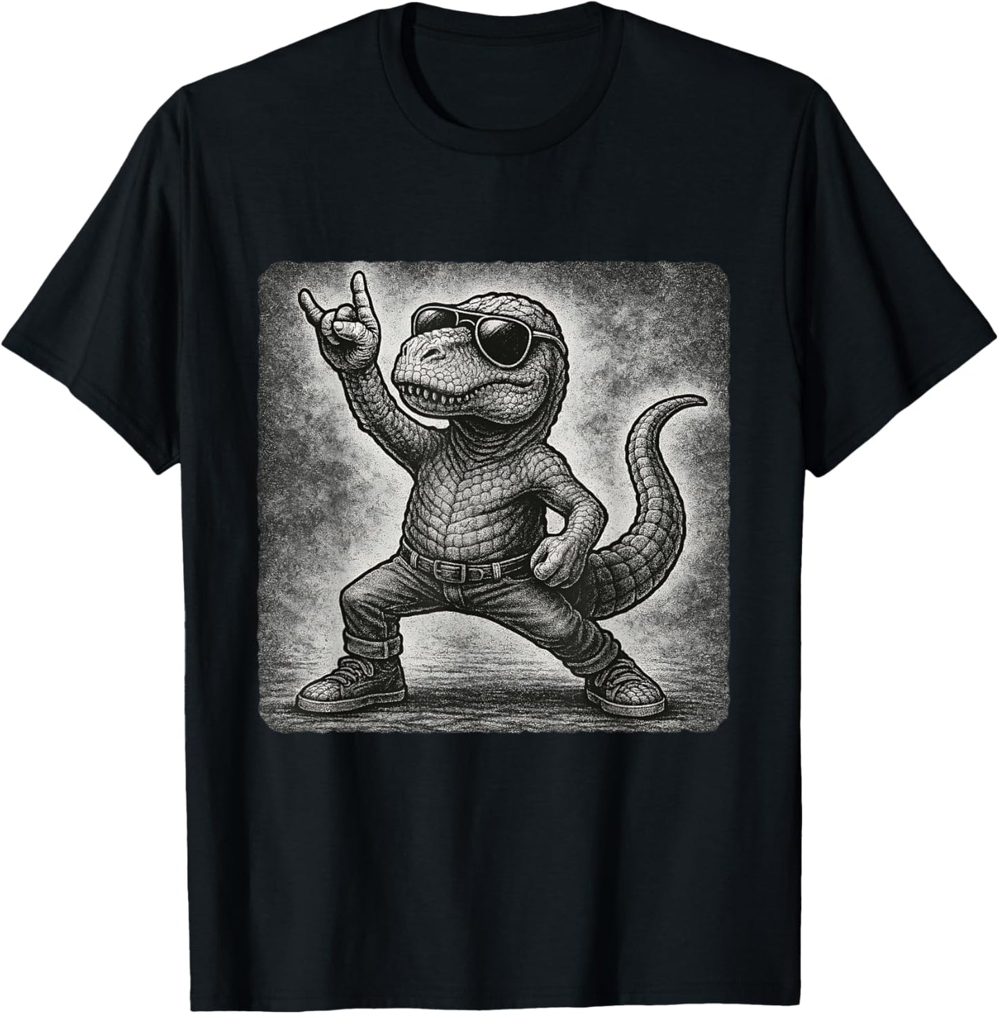 Dinosaur Sunglasses Rock Music Funny Retro Horns Up T-Shirt