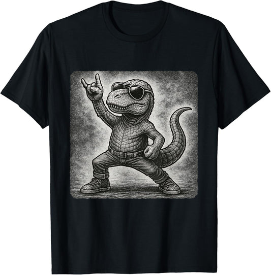 Dinosaur Sunglasses Rock Music Funny Retro Horns Up T-Shirt