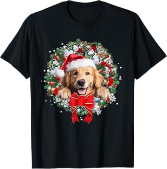 Golden Retriever Christmas Wreath Decoration Xmas Pajamas T-Shirt