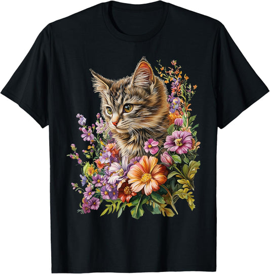 Cat Flower Floral Cute Kitten Graphic T-Shirt
