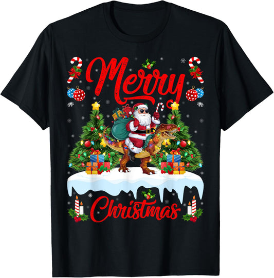 Xmas Tree Lighting Santa Riding Dinosaur T-Rex Christmas T-Shirt