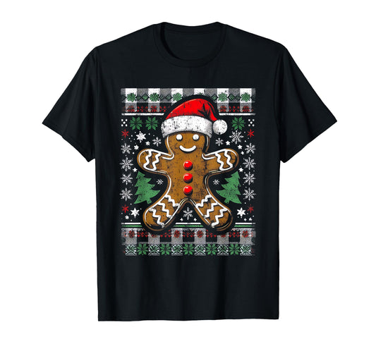 Checkered Gingerbread Man Distressed Ugly Christmas Pajamas T-Shirt