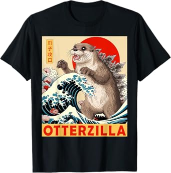 Otterzilla Apparel Gifts Graphic Tees Japanese Art Funny Otter Lover Unisex Adults Kids T-Shirt Black Short Sleeve
