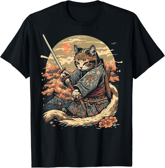 Japanese Art Cat Ninja Ukiyo-e Anime Style Samurai Cat T-Shirt