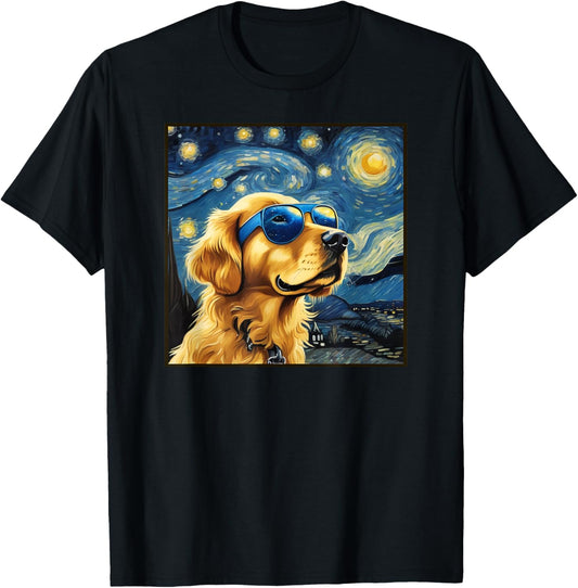Van Gogh Starry Night Cute Dog Golden Retriever shirt T-Shirt