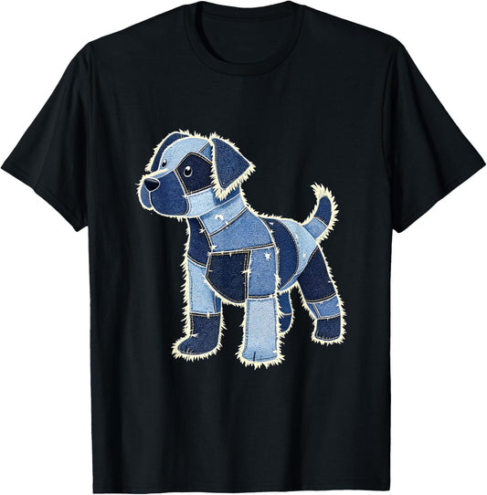 Dog Pattern Denim Patchwork Graphic T-Shirt