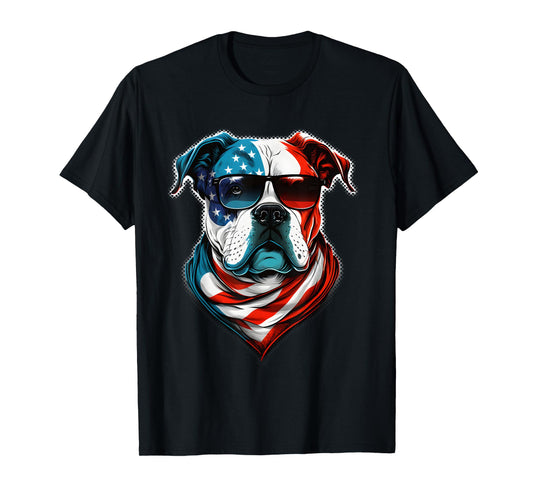 American Bulldog Dog Red White Blue American Flag Sunglasses T-Shirt