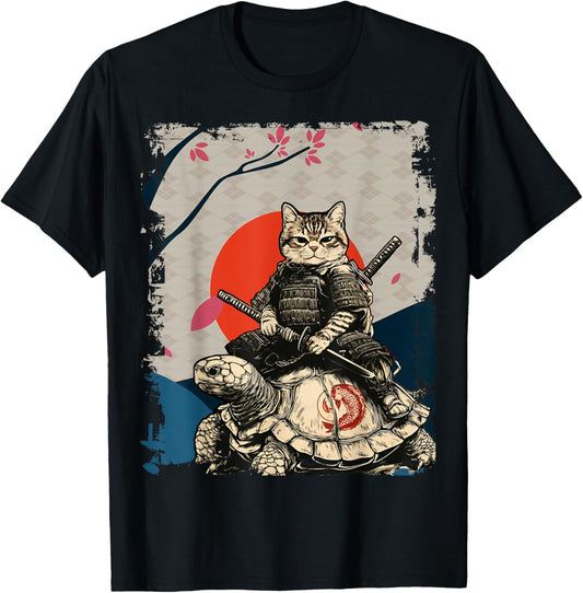 Japanese Ninja Art and Japan Samurai Cat on Turtle T-Shirt