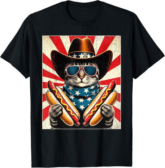 4th of July Hotdog Cat Funny Patriotic Cowboy Cat USA Flag T-Shirt