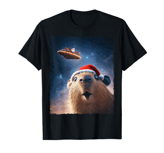 Funny Capybara Selfie Santa Ufo Xmas Christmas T-Shirt