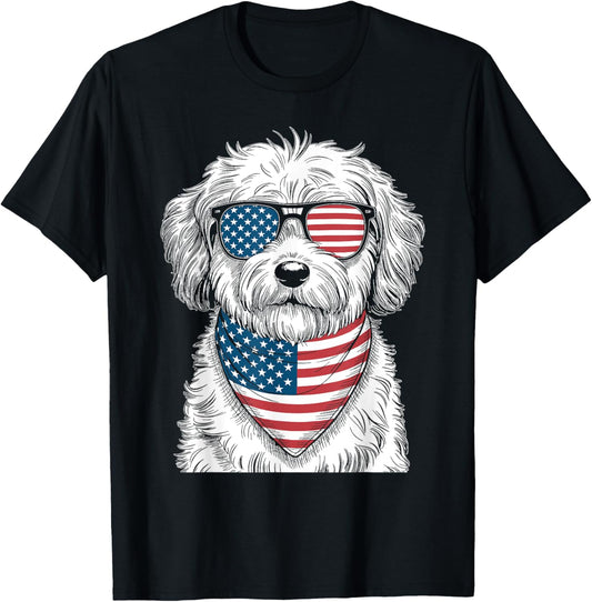 Maltipoo Dog USA Flag Sunglasses Patriotic 4th of July T-Shirt