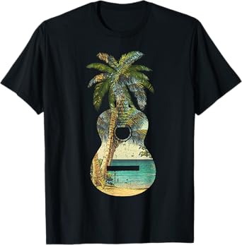 Guitar Lover Beach Palm Trees Vacation Acoustic Music Band T-Shirt