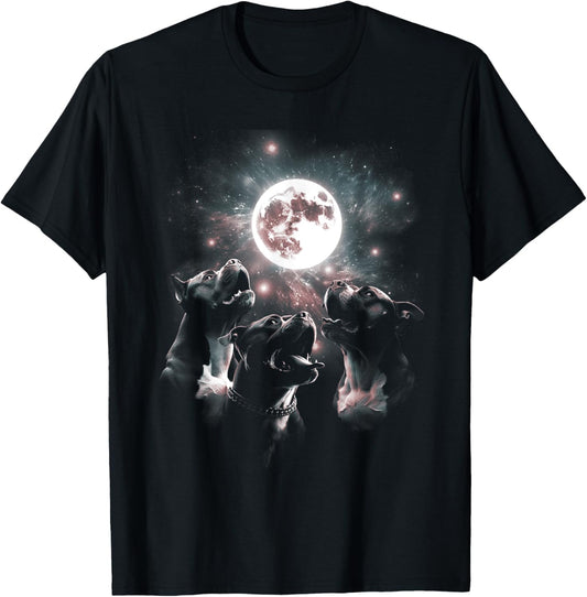 Three Pitbulls Howling At The Moon Funny Pet Parody Dog T-Shirt