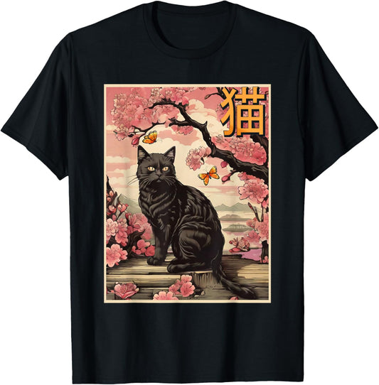 Cherry Blossom Black Cat Vintage Japanese Woodblock Art T-Shirt