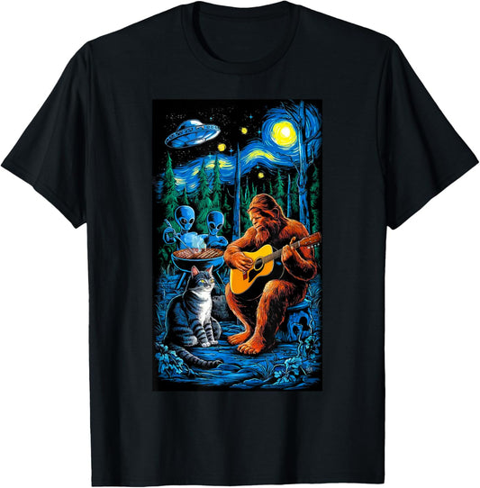 Funny Cat UFO Alien Bigfoot Sasquatch Camping Playing Guitar T-Shirt